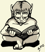 A young elf is sitting, reading a book
