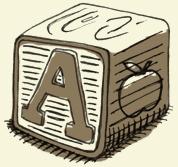 A letter block with the letter "A" and an illustration of an apple